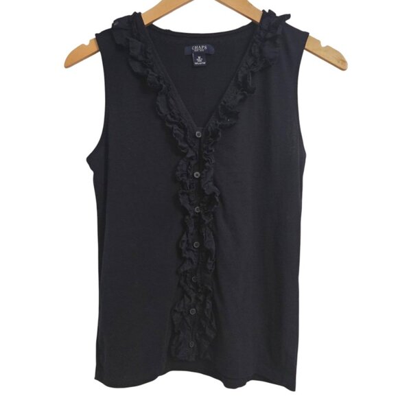 Chaps Women’s Sleeveless Ruffle Front Blouse Medium Navy Blue 100% Cotton Button - Picture 1 of 5